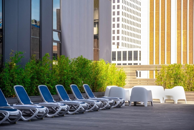 Outdoor chaise lounges in pool area
